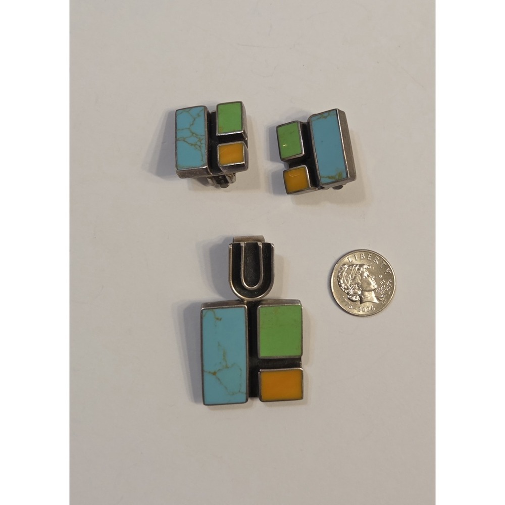 Vintage Taxco Sterling Silver Multi Stone Mosaic Modernist Earrings Pendant Set